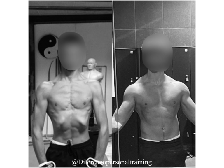 voor en na foto voor een spiegel genomen met opgespannen zonder t shirt