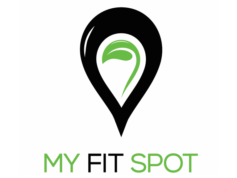 My Fit Spot logo, met daaronder een afbeeleding van de playstore een de appstoree