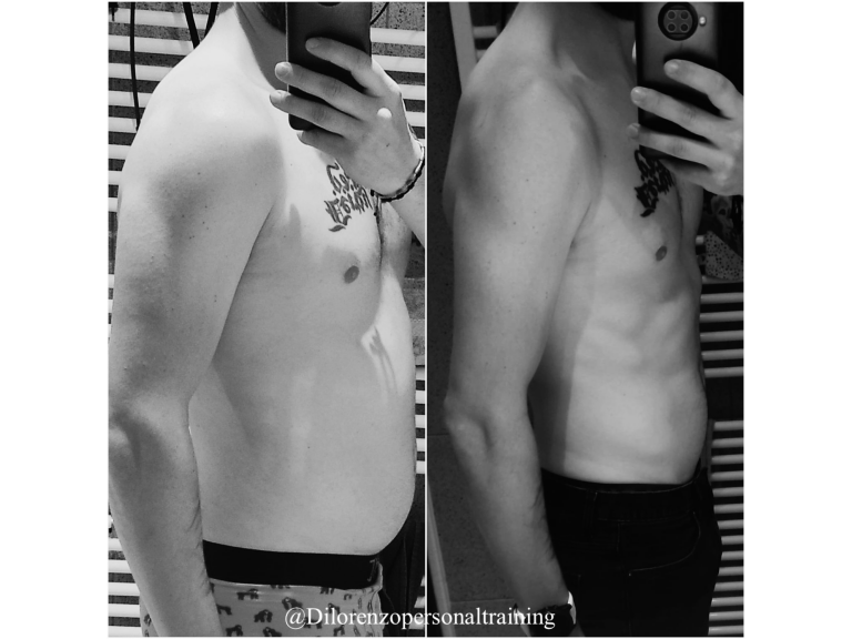 before and after photo of a client of Dilorenzo Personaltraining after weightloss before a mirror shirtless