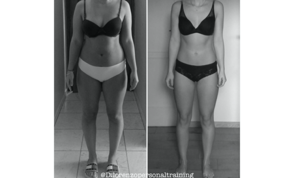 voor en na foto van een vrouw in ondergoed die gewicht verloren is, na het volgen van het voedingsadvies bij Dilorenzo